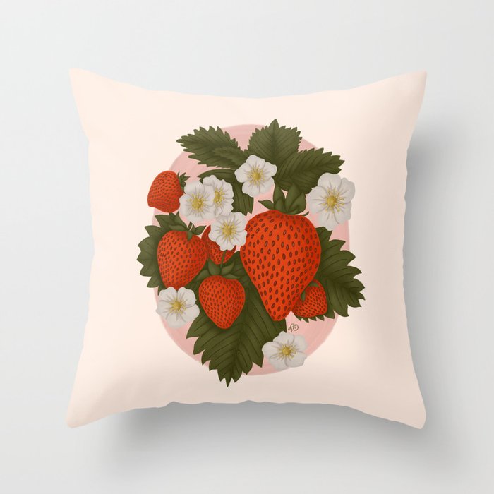 Sweet Summer Strawberries and Blossoms Throw Pillow Gallery Image 1