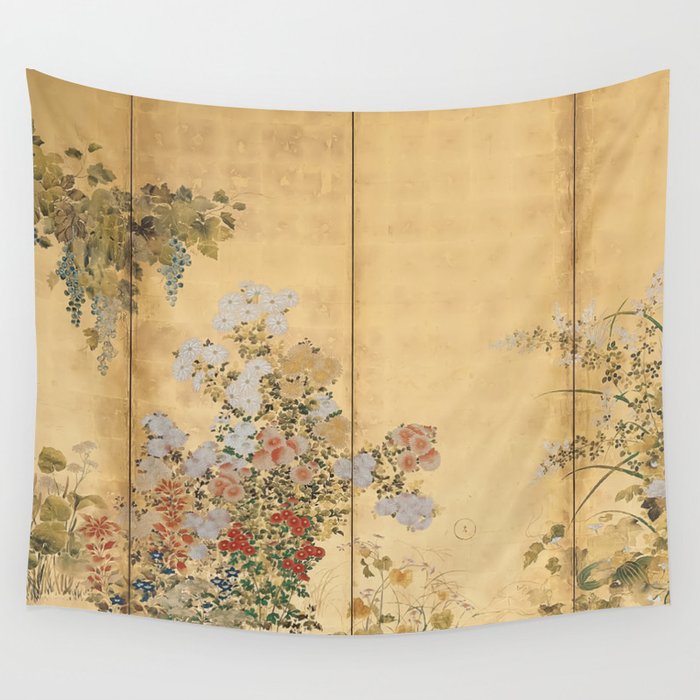 Japanese Edo Period Six-Panel Gold Leaf Screen - Spring and Autumn Flowers Wall Tapestry Gallery Image 4