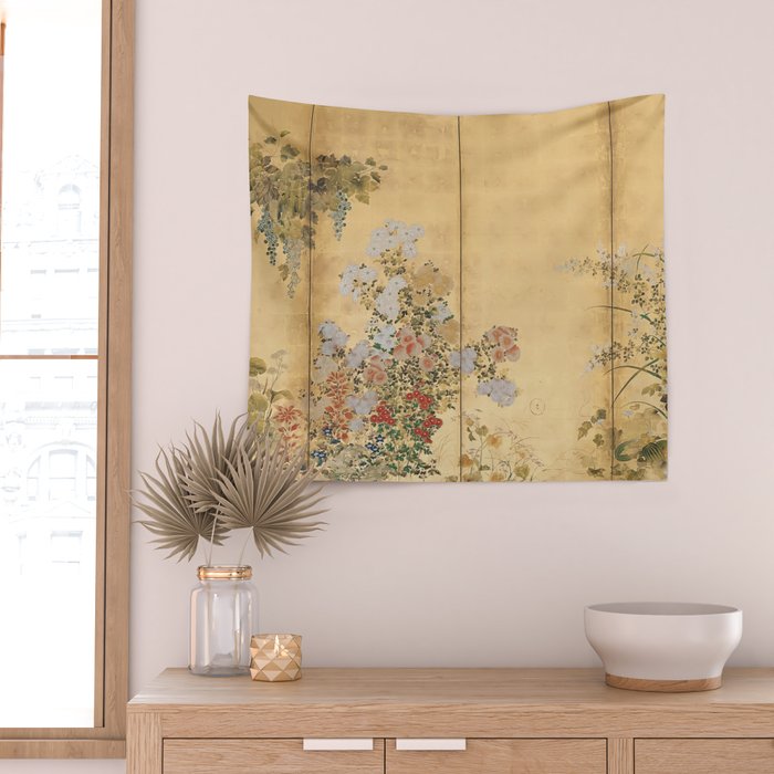 Japanese Edo Period Six-Panel Gold Leaf Screen - Spring and Autumn Flowers Wall Tapestry Gallery Image 2