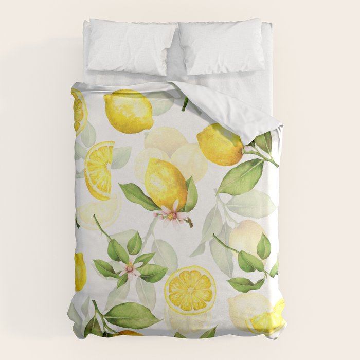 mediterranean summer lemon branches on white Duvet Cover Gallery Image 1