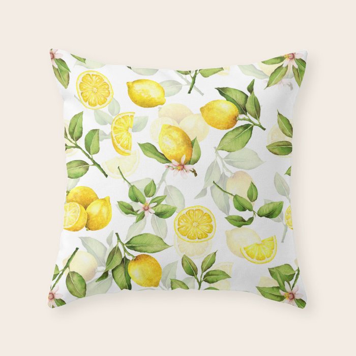 mediterranean summer lemon branches on white Throw Pillow Gallery Image 6