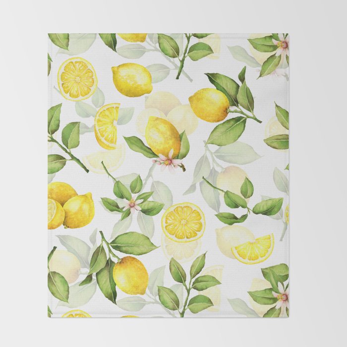 mediterranean summer lemon branches on white Throw Blanket Gallery Image 2