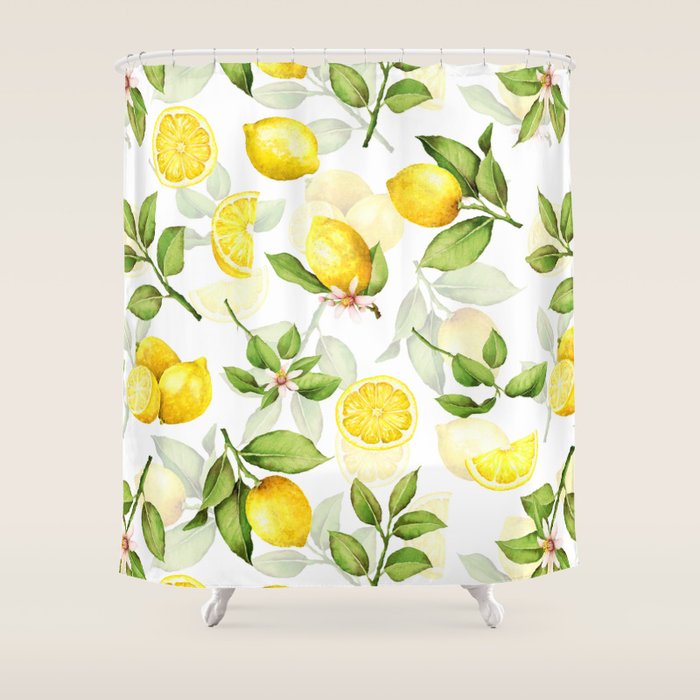 mediterranean summer lemon branches on white Shower Curtain Gallery Image 1