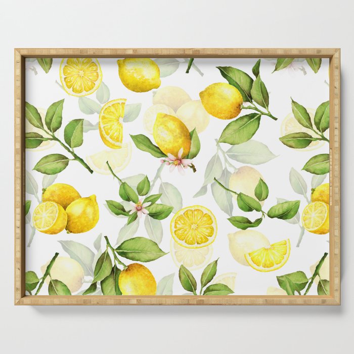 mediterranean summer lemon branches on white Serving Tray Gallery Image 1
