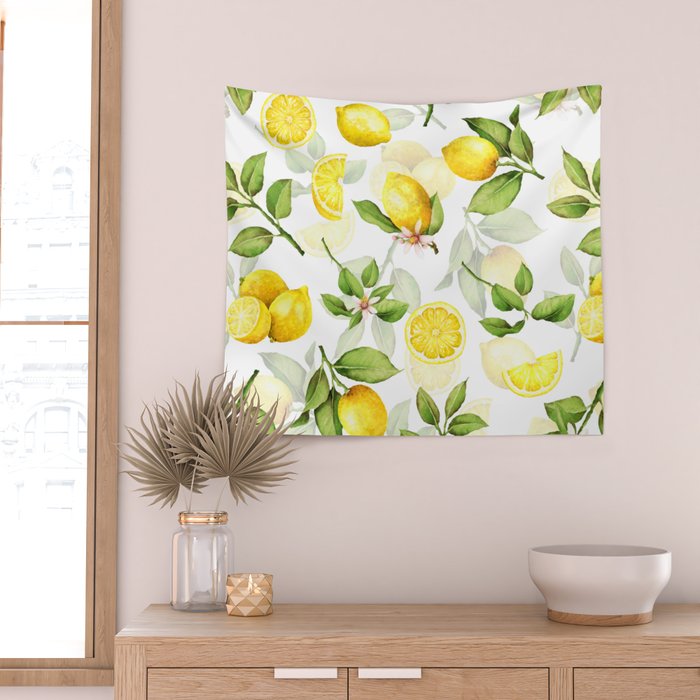 mediterranean summer lemon branches on white Wall Tapestry Gallery Image 2