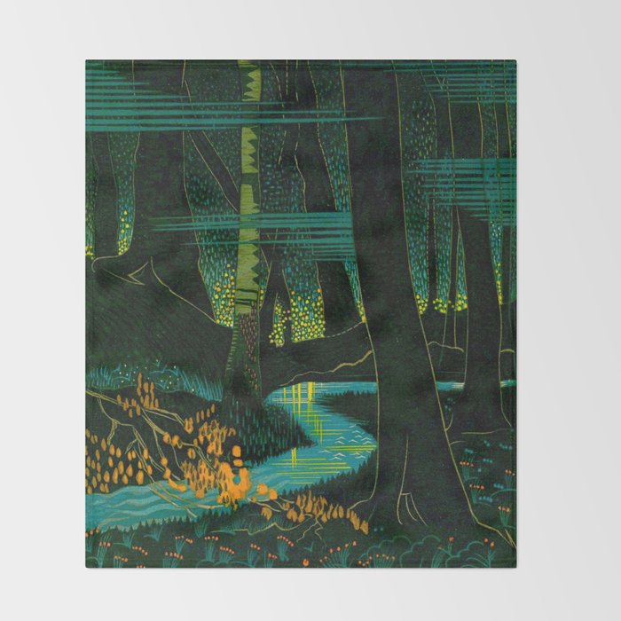 Magical Dark Fantasy Forest Woodblock Throw Blanket Gallery Image 2