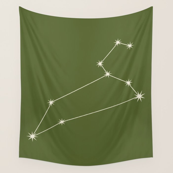 Leo Zodiac Star Constellation Line Art Olive Green Wall Tapestry Gallery Image 1