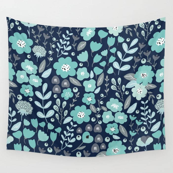 Ditsy Florals, Navy and Teal Wall Tapestry Gallery Image 4