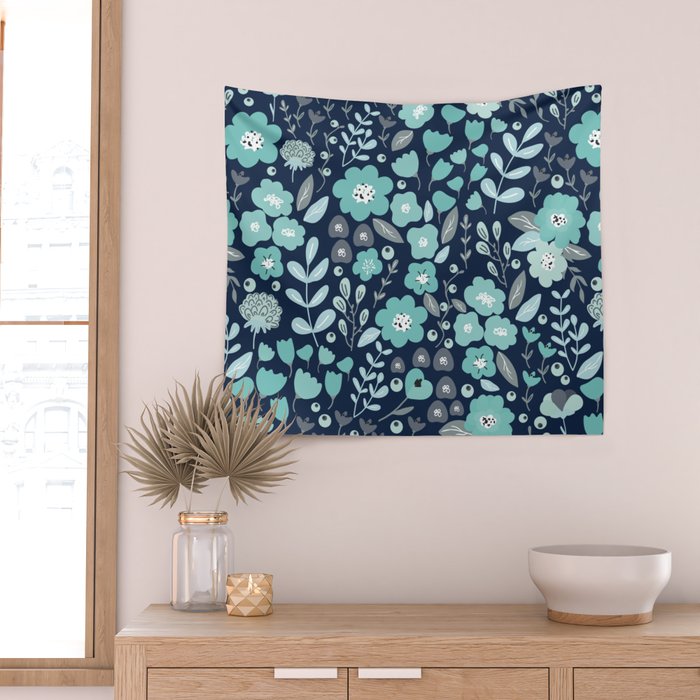 Ditsy Florals, Navy and Teal Wall Tapestry Gallery Image 2