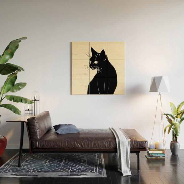 Minimalist Black Cat Wood Wall Art Gallery Image 2