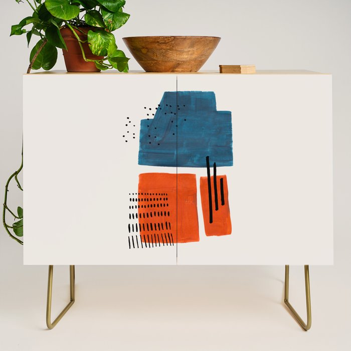 Burnt Orange Jewel Teal Blue Mid Century Modern Funky Colorful Shapes Patterns by Ejaaz Haniff Credenza Gallery Image 1