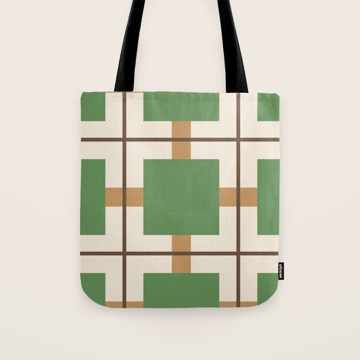 Retro Geometric Plaid Green Camel Tote Bag Gallery Image 1