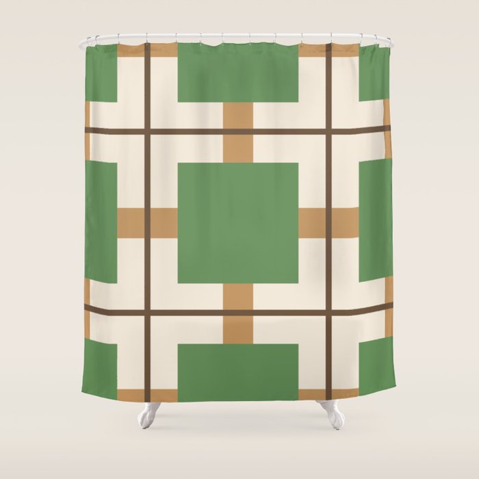 Retro Geometric Plaid Green Camel Shower Curtain Gallery Image 1