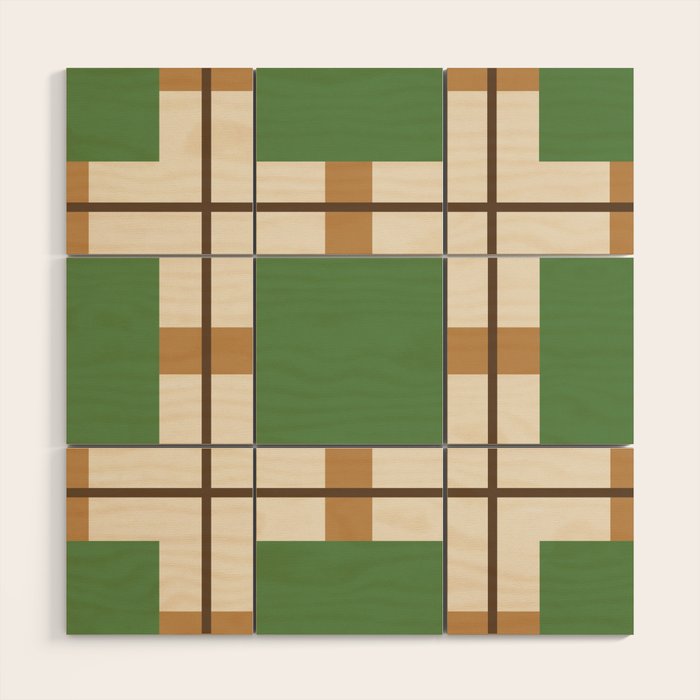Retro Geometric Plaid Green Camel Wood Wall Art Gallery Image 1