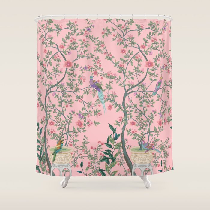 Chinoiserie Pink Fresco Floral Garden Birds Oriental Botanical Shower Curtain Gallery Image 1