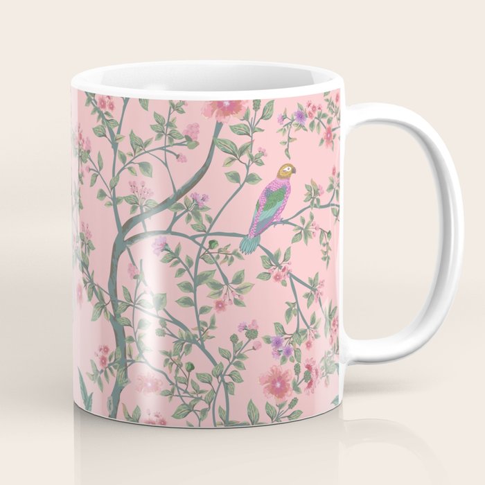 Chinoiserie Pink Fresco Floral Garden Birds Oriental Botanical Coffee Mug Gallery Image 1