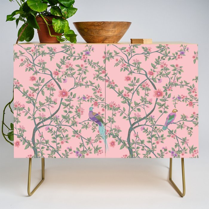 Chinoiserie Pink Fresco Floral Garden Birds Oriental Botanical Credenza Gallery Image 1