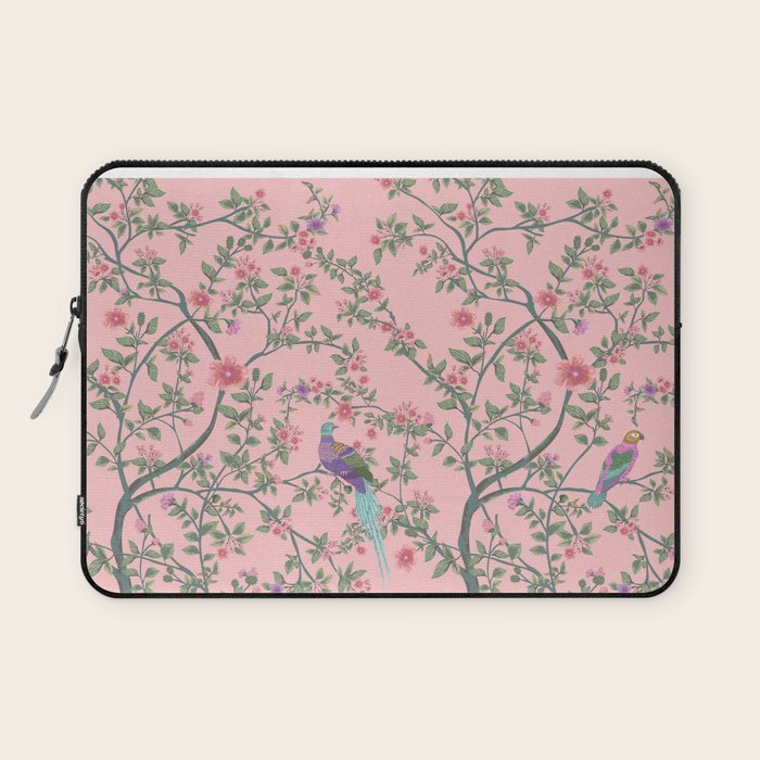Chinoiserie Pink Fresco Floral Garden Birds Oriental Botanical Laptop Sleeve Gallery Image 1