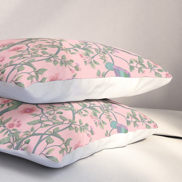 Chinoiserie Pink Fresco Floral Garden Birds Oriental Botanical Pillow Sham Gallery Image 3