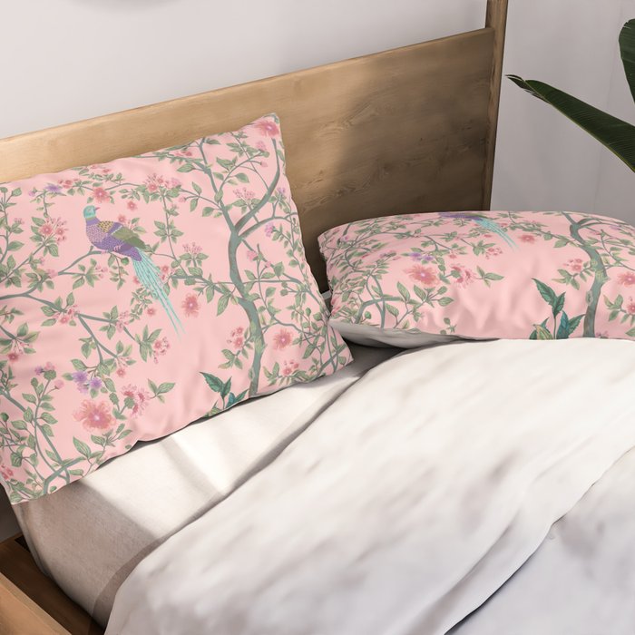 Chinoiserie Pink Fresco Floral Garden Birds Oriental Botanical Pillow Sham Gallery Image 2