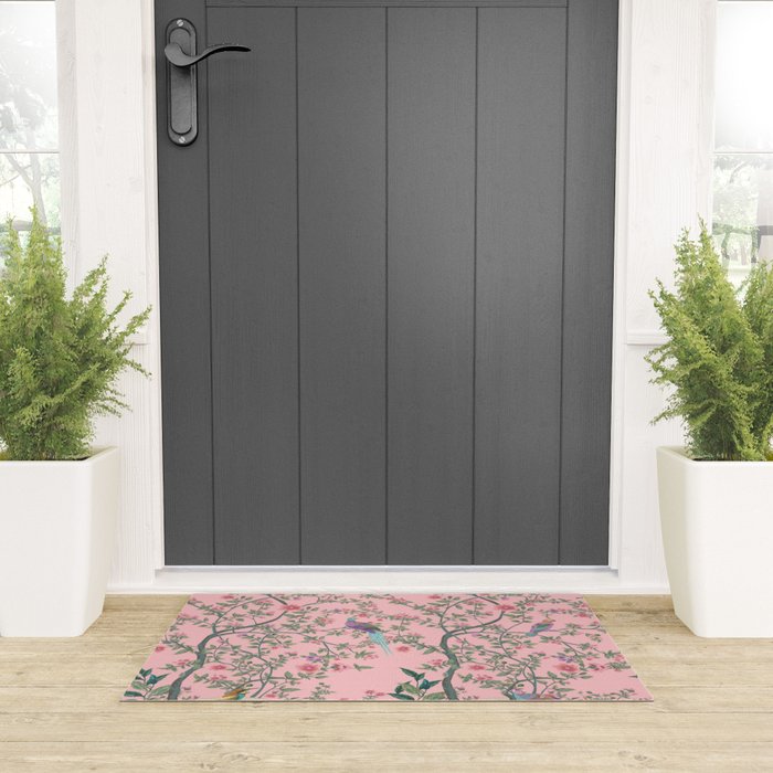Chinoiserie Pink Fresco Floral Garden Birds Oriental Botanical Welcome Mat Gallery Image 3