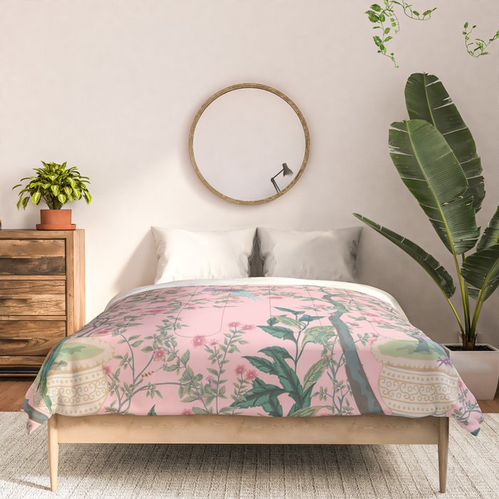 Chinoiserie Pink Fresco Floral Garden Birds Oriental Botanical Comforter Gallery Image 3