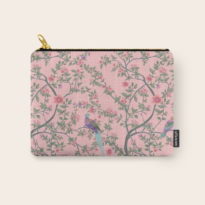 Chinoiserie Pink Fresco Floral Garden Birds Oriental Botanical Carry All Pouch Gallery Image 1