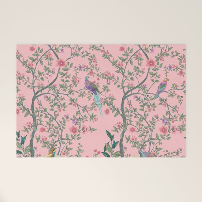 Chinoiserie Pink Fresco Floral Garden Birds Oriental Botanical Welcome Mat Gallery Image 1