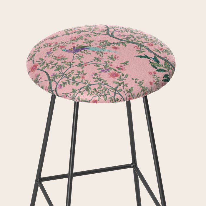 Chinoiserie Pink Fresco Floral Garden Birds Oriental Botanical Stool Gallery Image 2