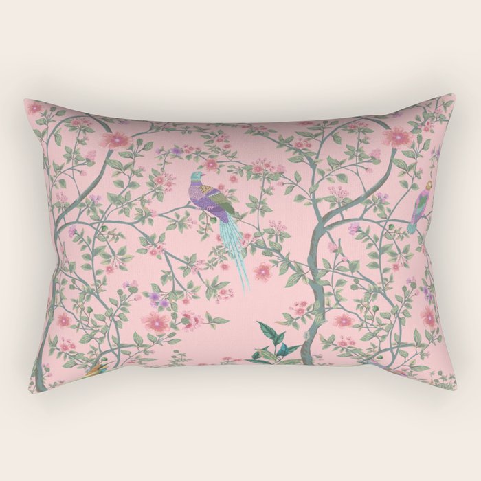 Chinoiserie Pink Fresco Floral Garden Birds Oriental Botanical Rectangular Pillow Gallery Image 2