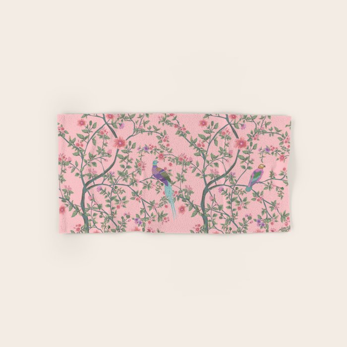 Chinoiserie Pink Fresco Floral Garden Birds Oriental Botanical Bath Towel Gallery Image 1