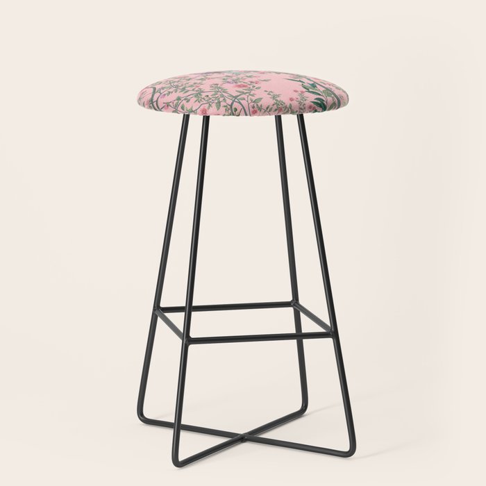 Chinoiserie Pink Fresco Floral Garden Birds Oriental Botanical Stool Gallery Image 1