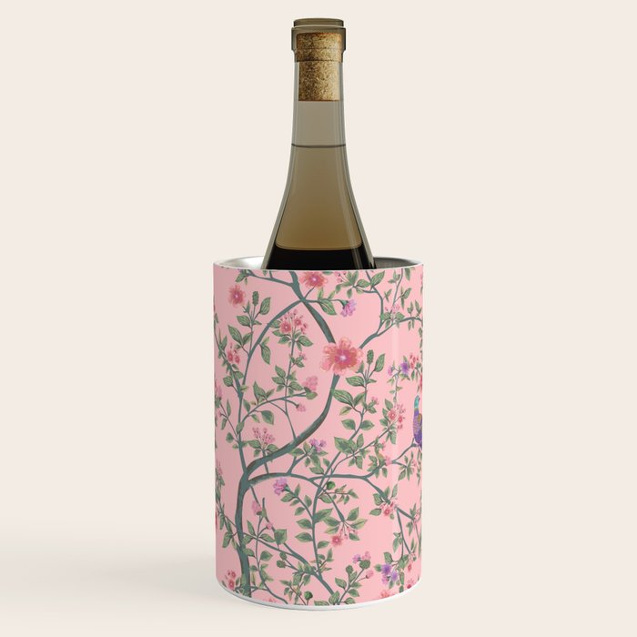Chinoiserie Pink Fresco Floral Garden Birds Oriental Botanical Wine Chiller Gallery Image 2