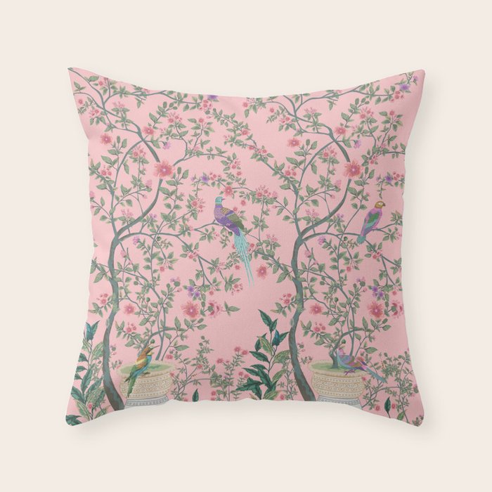Chinoiserie Pink Fresco Floral Garden Birds Oriental Botanical Throw Pillow Gallery Image 1