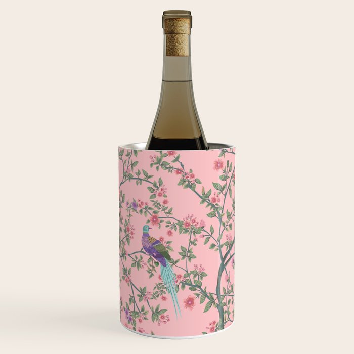 Chinoiserie Pink Fresco Floral Garden Birds Oriental Botanical Wine Chiller Gallery Image 1