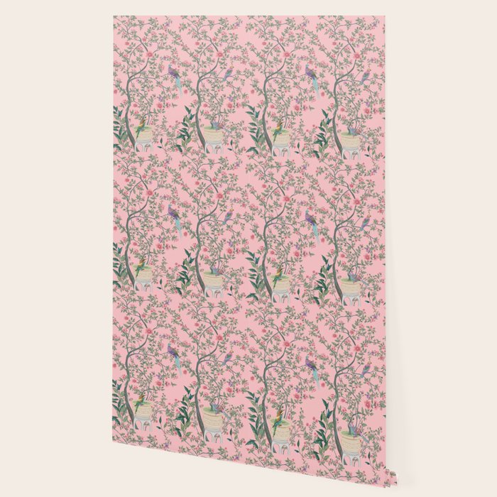 Chinoiserie Pink Fresco Floral Garden Birds Oriental Botanical Wallpaper Gallery Image 2