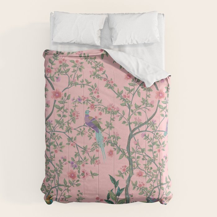 Chinoiserie Pink Fresco Floral Garden Birds Oriental Botanical Comforter Gallery Image 6