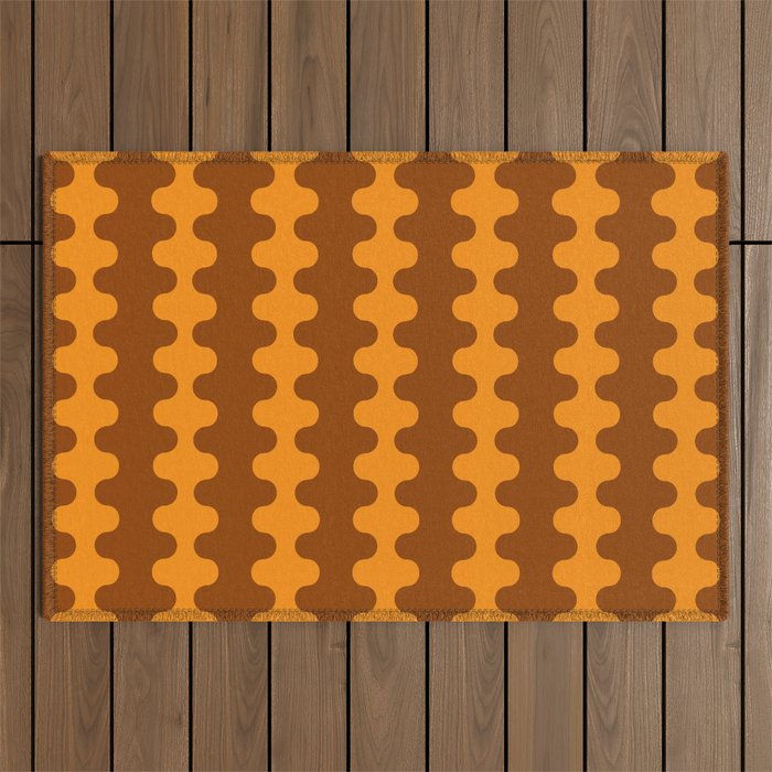 Retro 70s Mid Century Ogee A-Go-Go Wobbly Vertical Stripes Brown and Orange Outdoor Rug Gallery Image 1