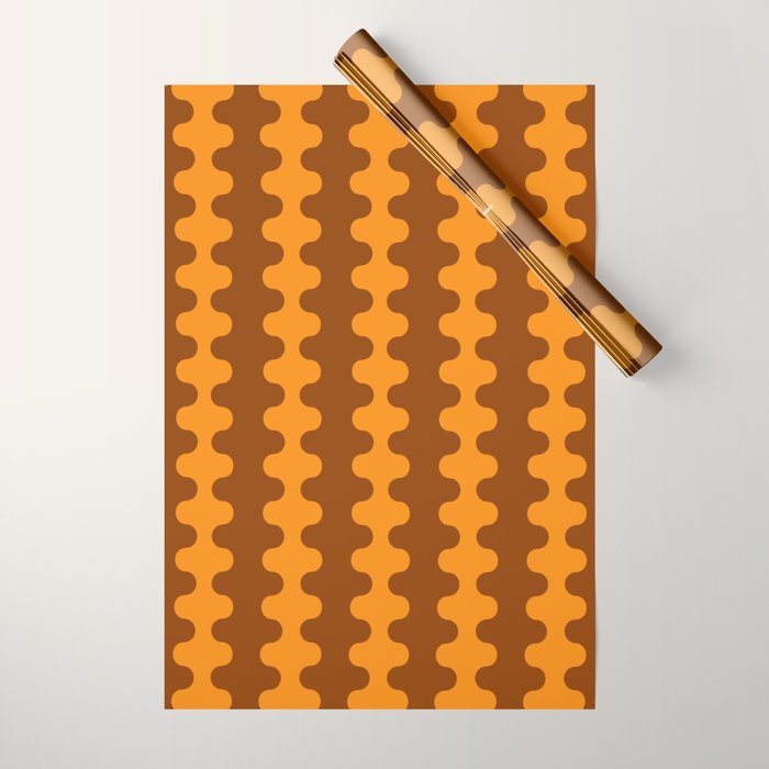 Retro 70s Mid Century Ogee A-Go-Go Wobbly Vertical Stripes Brown and Orange Wrapping Paper Gallery Image 1