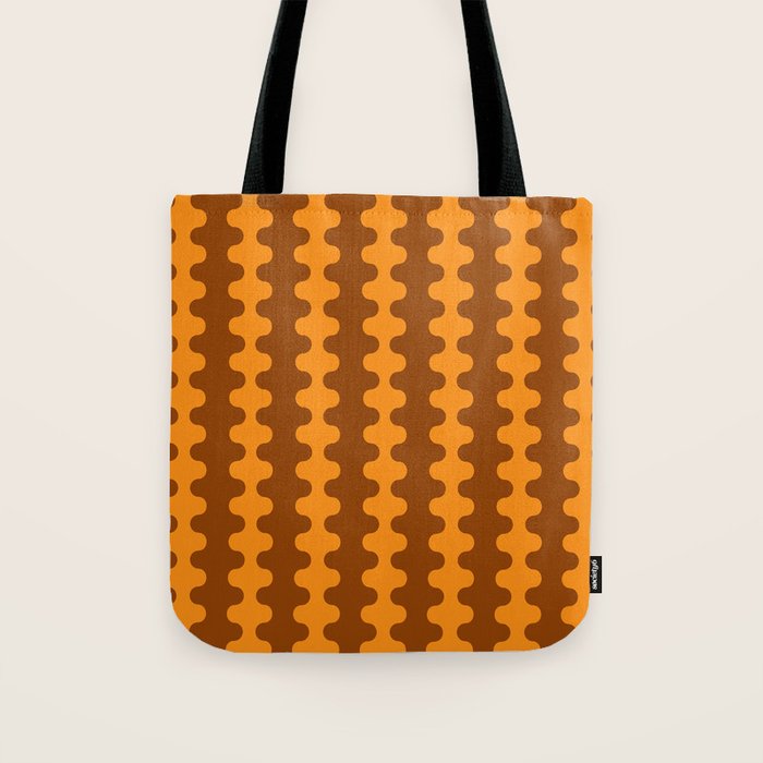 Retro 70s Mid Century Ogee A-Go-Go Wobbly Vertical Stripes Brown and Orange Tote Bag Gallery Image 1