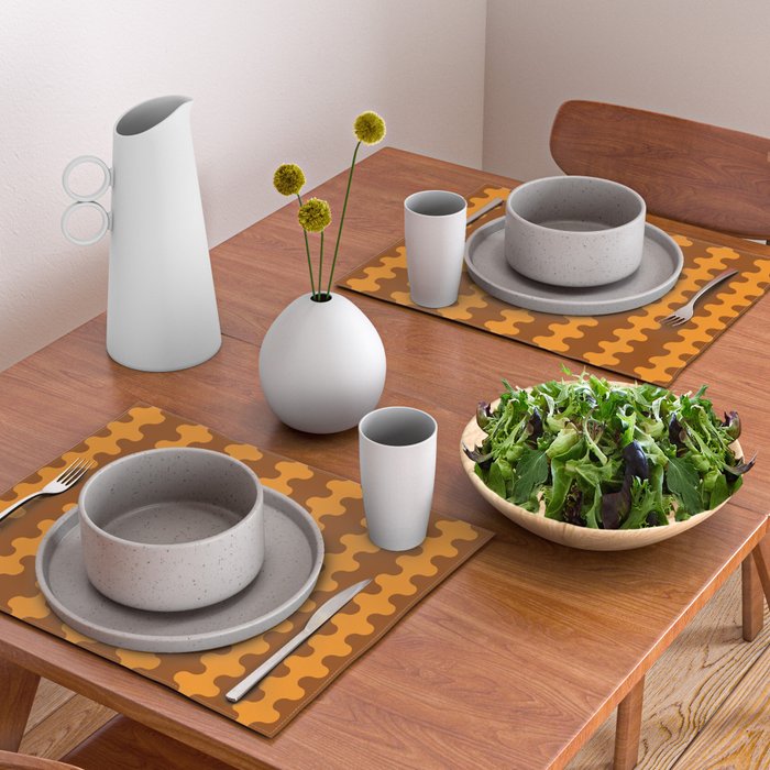 Retro 70s Mid Century Ogee A-Go-Go Wobbly Vertical Stripes Brown and Orange Placemat Gallery Image 2