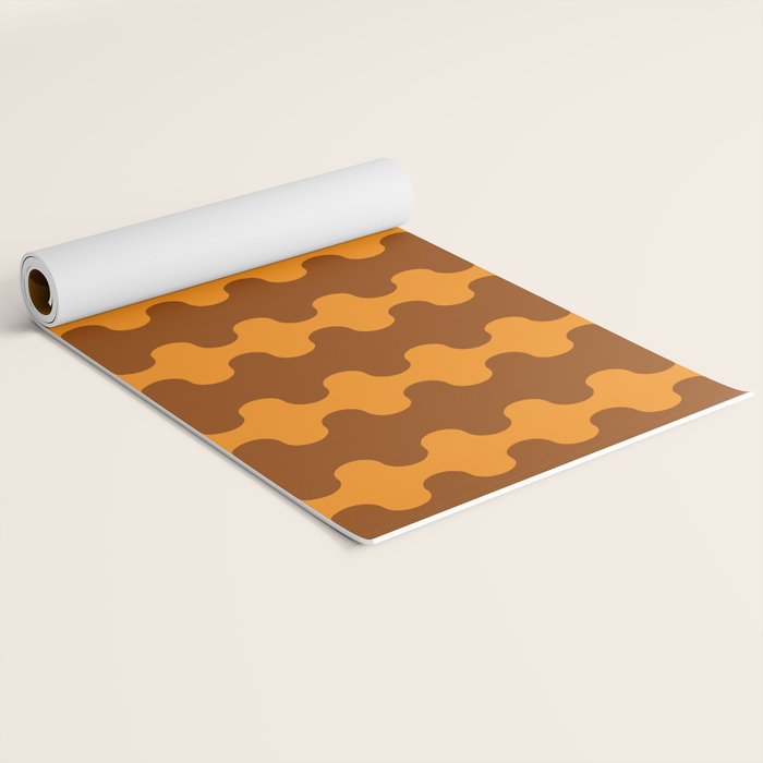 Retro 70s Mid Century Ogee A-Go-Go Wobbly Vertical Stripes Brown and Orange Yoga Mat Gallery Image 2