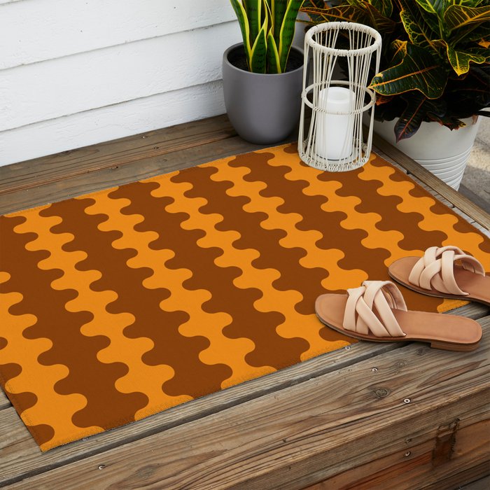Retro 70s Mid Century Ogee A-Go-Go Wobbly Vertical Stripes Brown and Orange Outdoor Rug Gallery Image 2