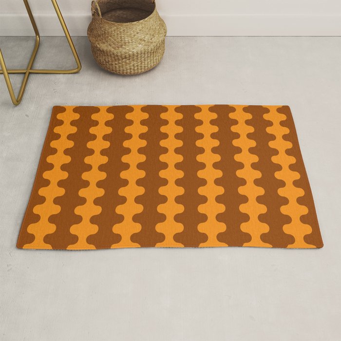Retro 70s Mid Century Ogee A-Go-Go Wobbly Vertical Stripes Brown and Orange Rug Gallery Image 1