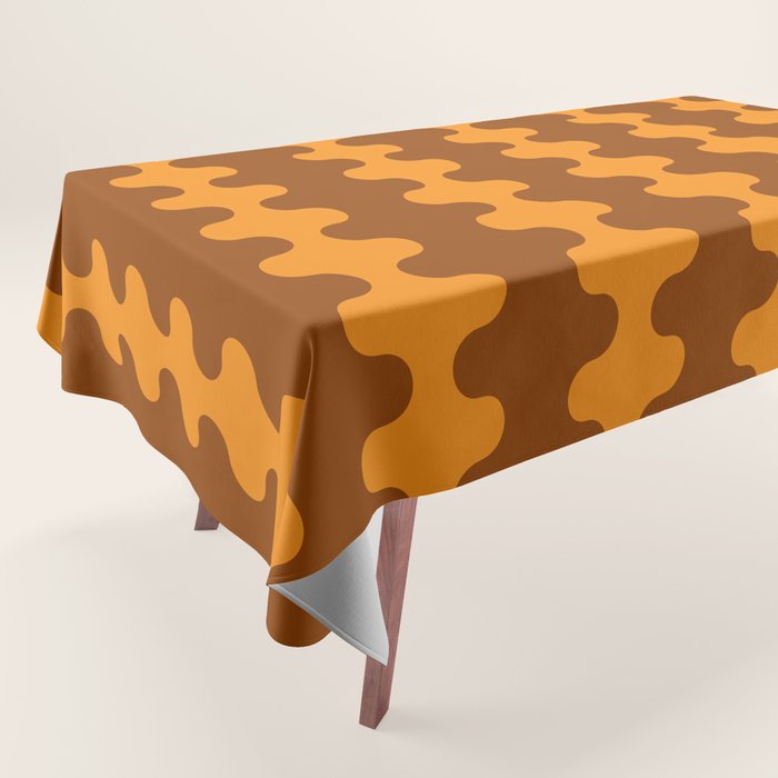 Retro 70s Mid Century Ogee A-Go-Go Wobbly Vertical Stripes Brown and Orange Tablecloth Gallery Image 1