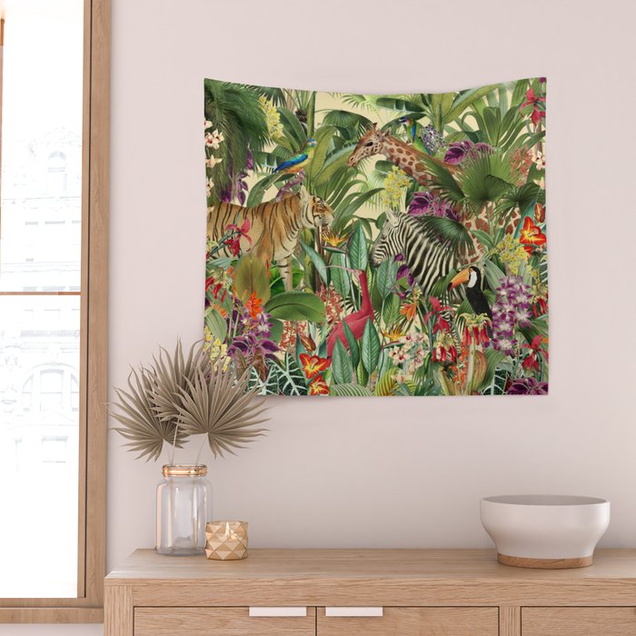 Vintage Tropical Eden on Yellow Wall Tapestry Gallery Image 2