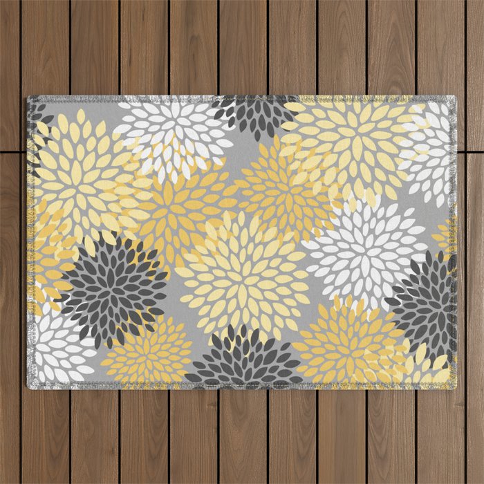 Floral Blooms, Gray, Charcoal, Yellow Outdoor Rug Gallery Image 1