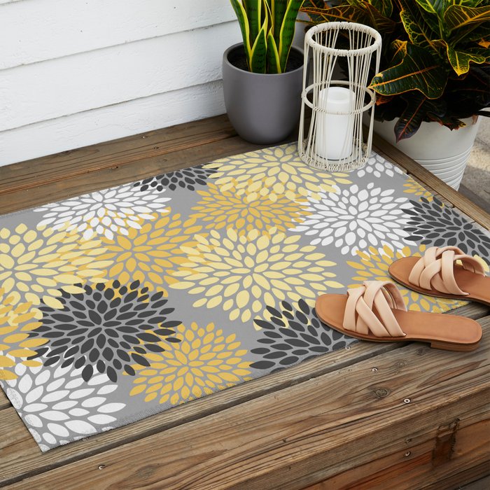 Floral Blooms, Gray, Charcoal, Yellow Outdoor Rug Gallery Image 2