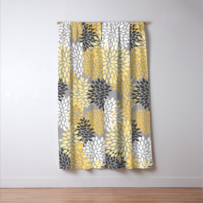Floral Blooms, Gray, Charcoal, Yellow Window Curtain Gallery Image 3