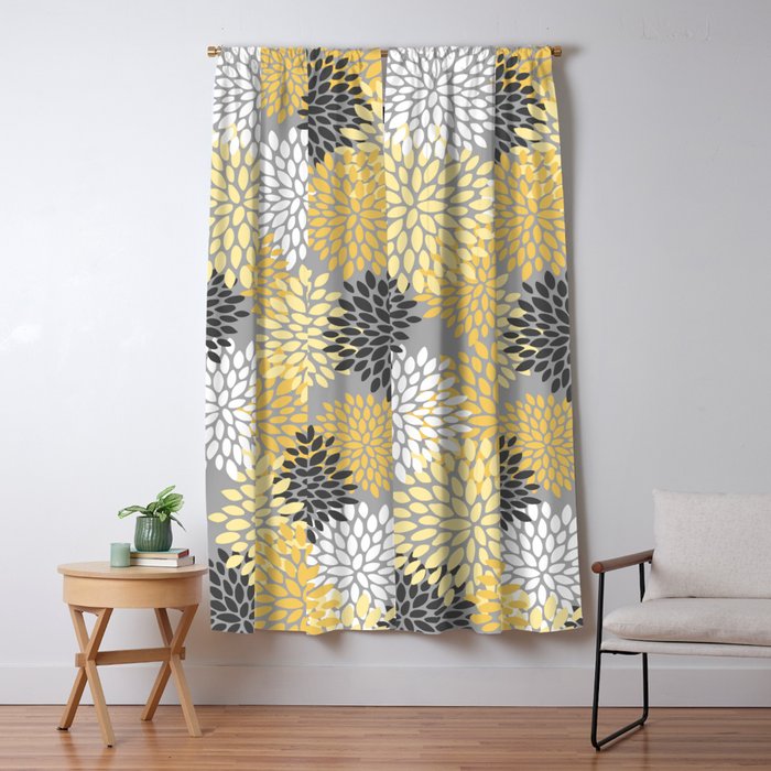 Floral Blooms, Gray, Charcoal, Yellow Window Curtain Gallery Image 5